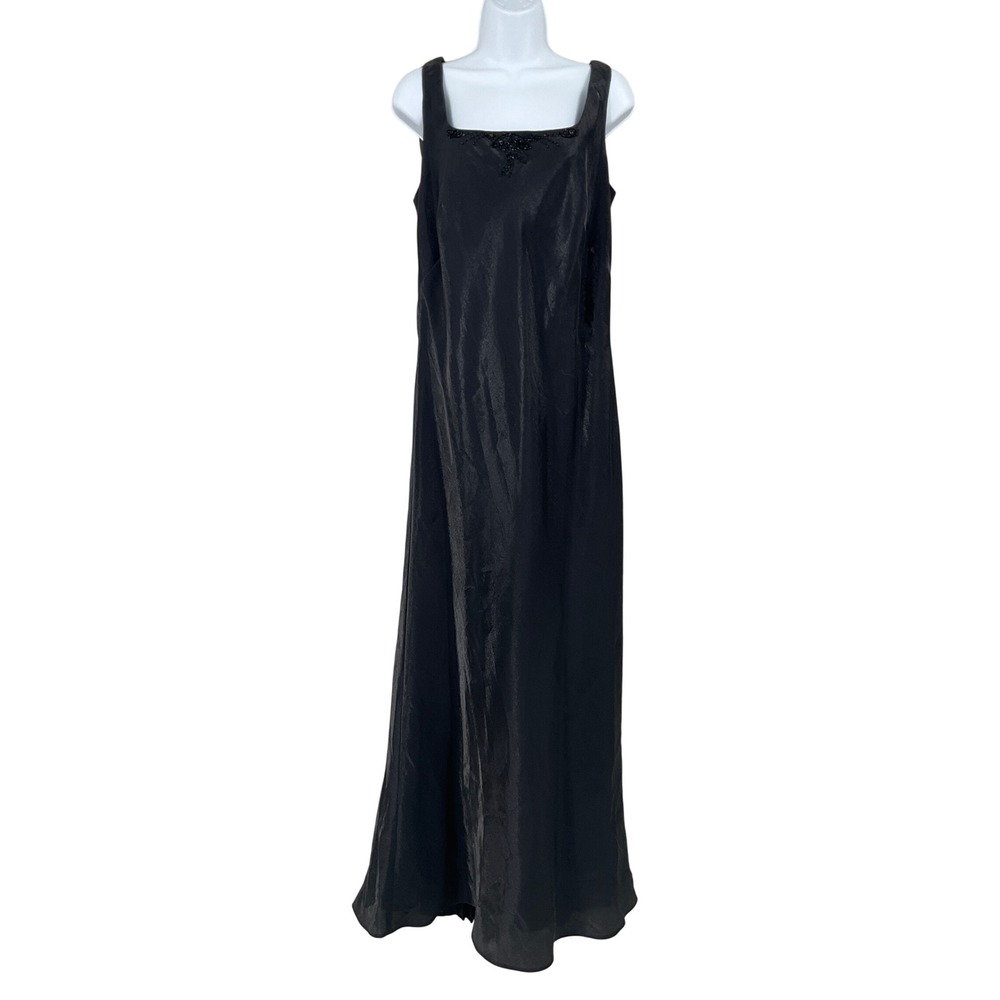 Alex Evenings Maxi Dress Womens 16 Black Beaded Square Neck Gown Y2K